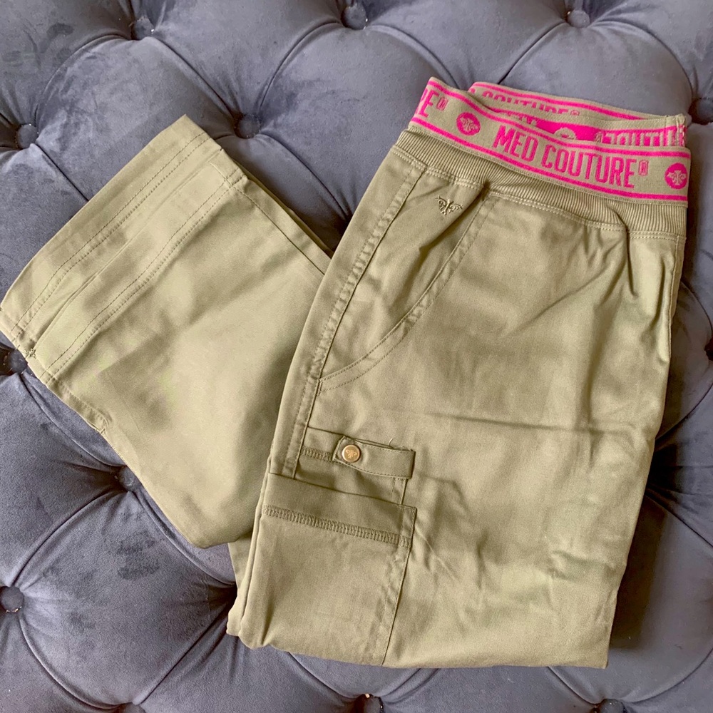 Med Couture Olive Straight-Leg Cargo Pants with Pink Logo Waistband